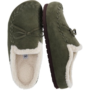 image:imageCUSHIONAIRE Creek Genuine Leather Suede Womens Slippers Casual House Shoes  Memory Foam Footbed Soft Faux Fur Lining Genuine Suede Leather Upper Indoor Outdoor Sole Classic Moccasin DesignKhaki