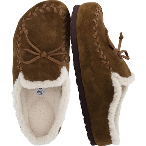 image:imageCUSHIONAIRE Creek Genuine Leather Suede Womens Slippers Casual House Shoes  Memory Foam Footbed Soft Faux Fur Lining Genuine Suede Leather Upper Indoor Outdoor Sole Classic Moccasin DesignBrown